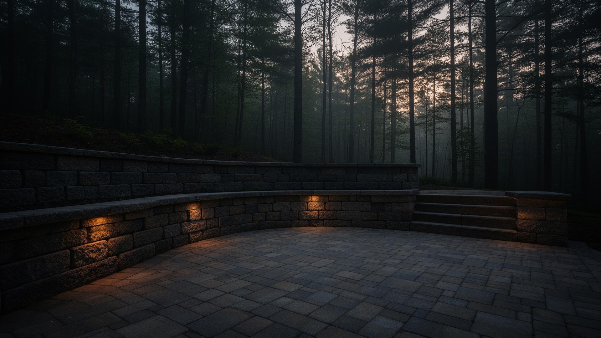 Stone retaining wall and paver patio at dusk in a forested Eastern Ontario property